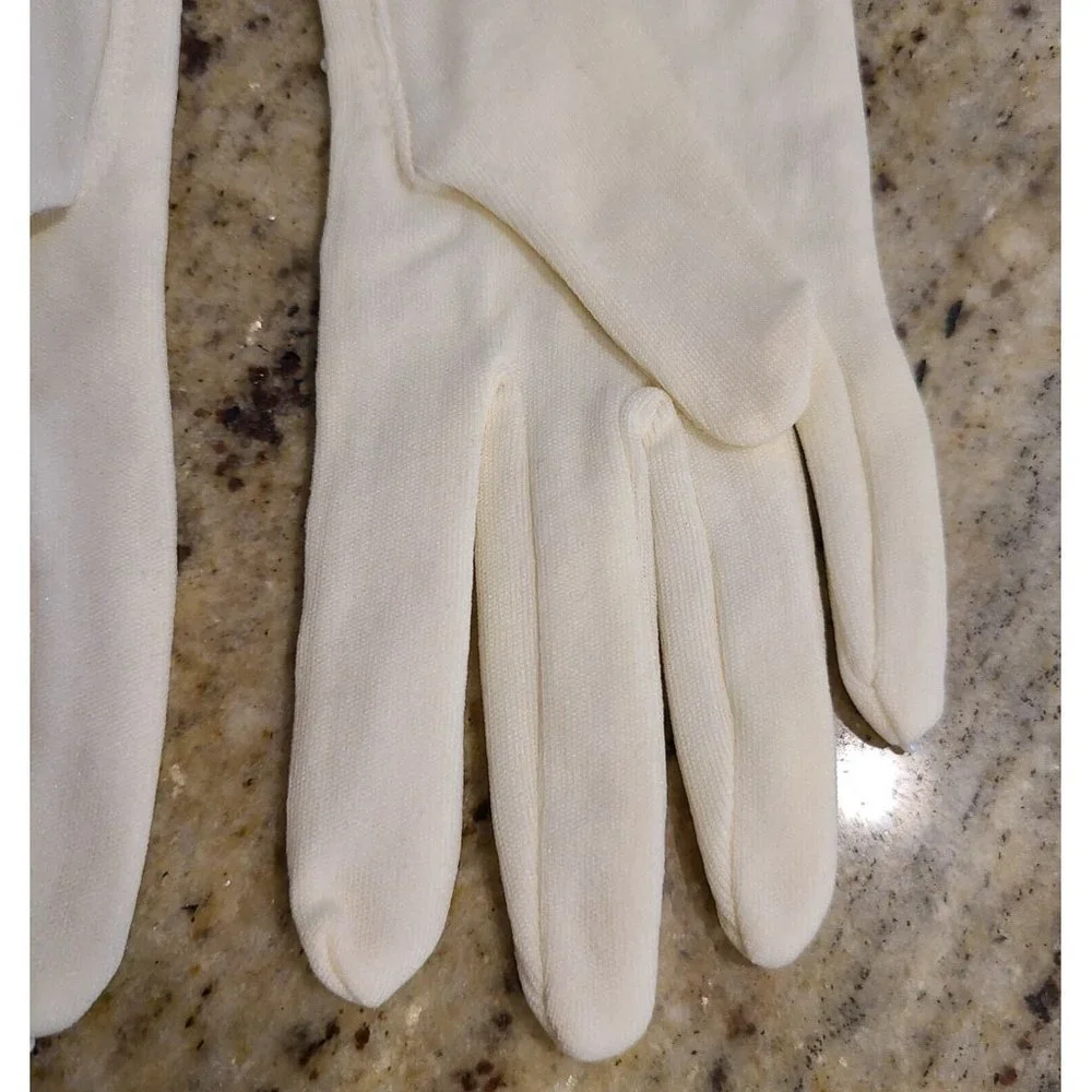 New? Vintage One Size Fits Cream Stretch Nylon Formal 8" Gloves Silver Tone Bead - Picture 8 of 16